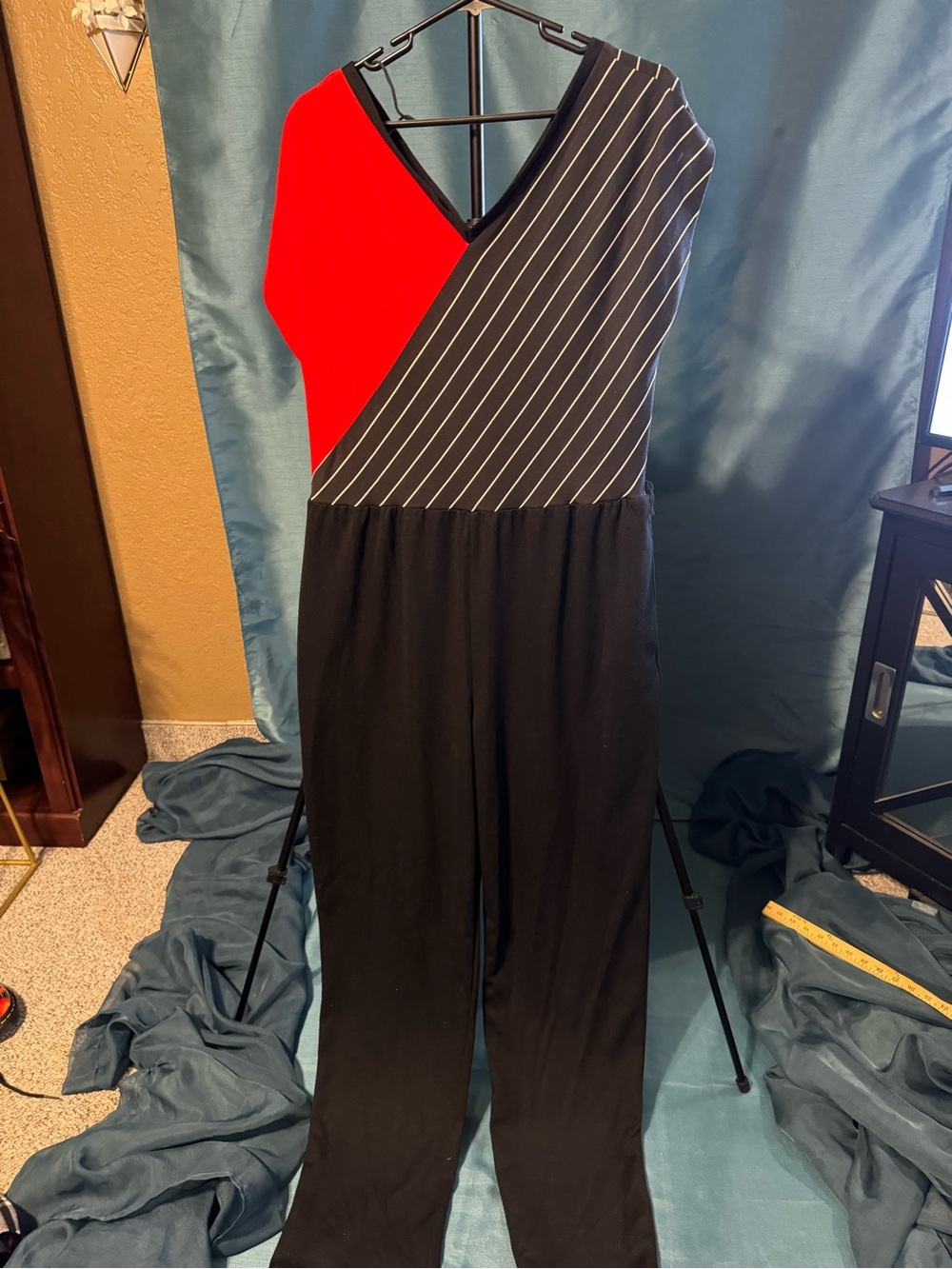 Vintage 80s 90s Red Black Pinstripe Colorblock Jumpsuit Made in USA